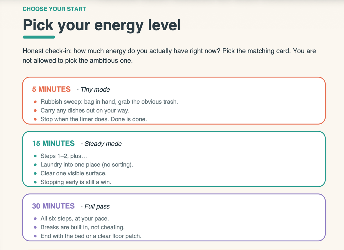 Cleaning guide preview: Pick your energy level, with 5-minute Tiny mode, 15-minute Steady mode and 30-minute Full pass options.