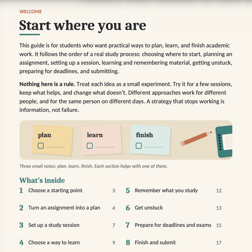 Study guide sample page: Start where you are, with the eight-section contents covering planning, study sessions, learning, memory, getting unstuck, deadlines and submission.